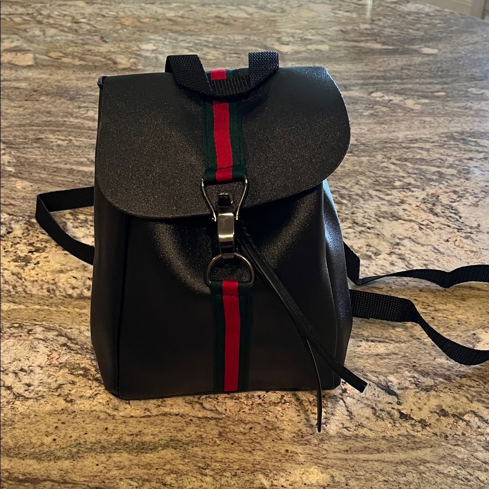 Stylish Mini Black Backpack with Red and Green Stripes NWOT - Picture 2 of 9